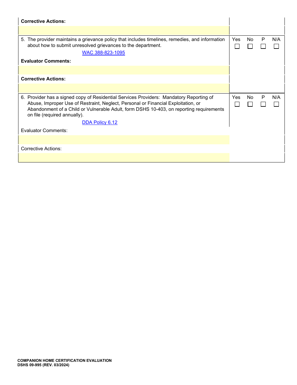 DSHS Form 09-995 Companion Home Certification Evaluation - Washington, Page 4