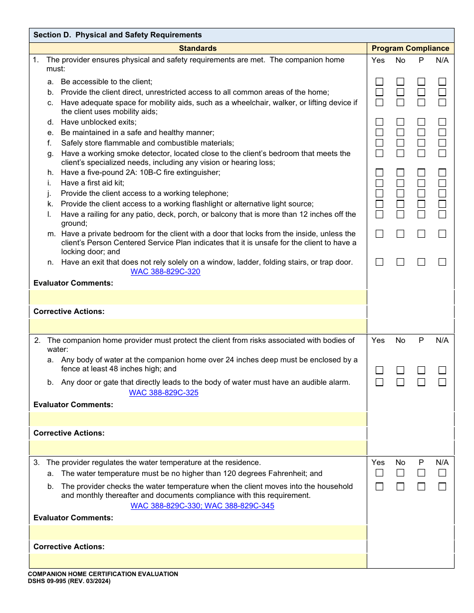 DSHS Form 09-995 Companion Home Certification Evaluation - Washington, Page 6