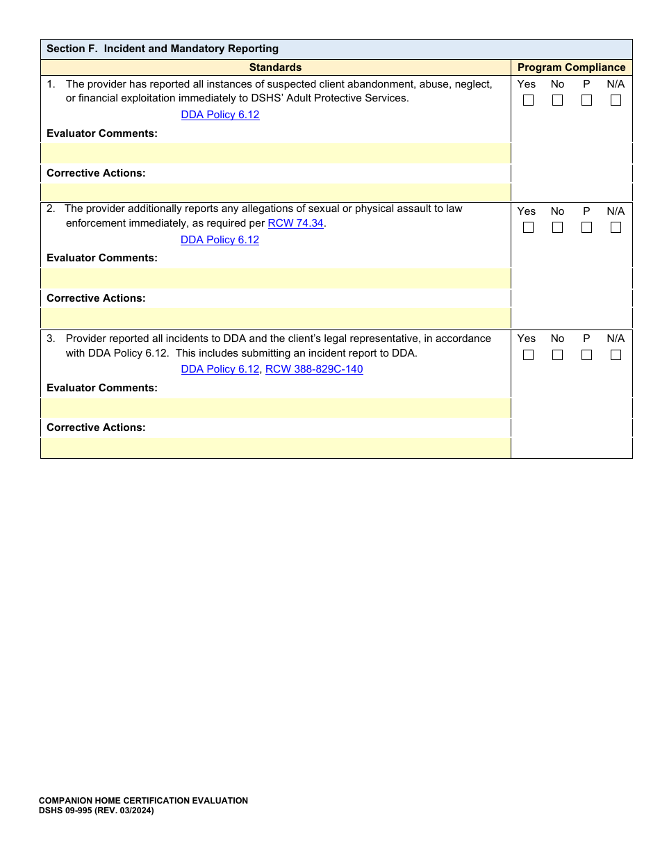 DSHS Form 09-995 Companion Home Certification Evaluation - Washington, Page 8