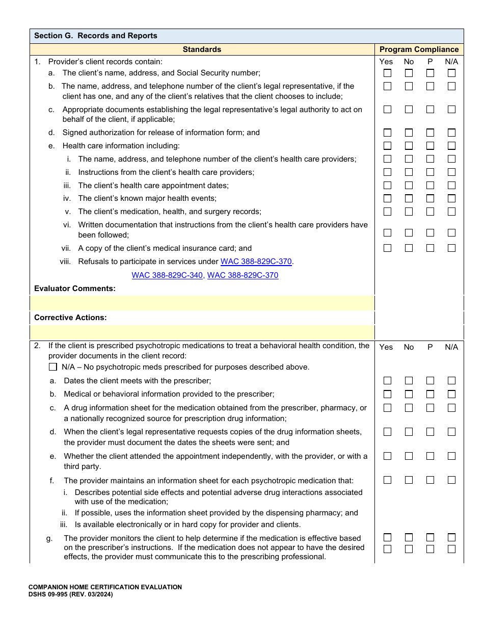 DSHS Form 09-995 Companion Home Certification Evaluation - Washington, Page 9