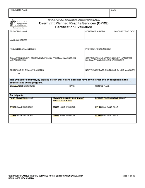 DSHS Form 10-639  Printable Pdf