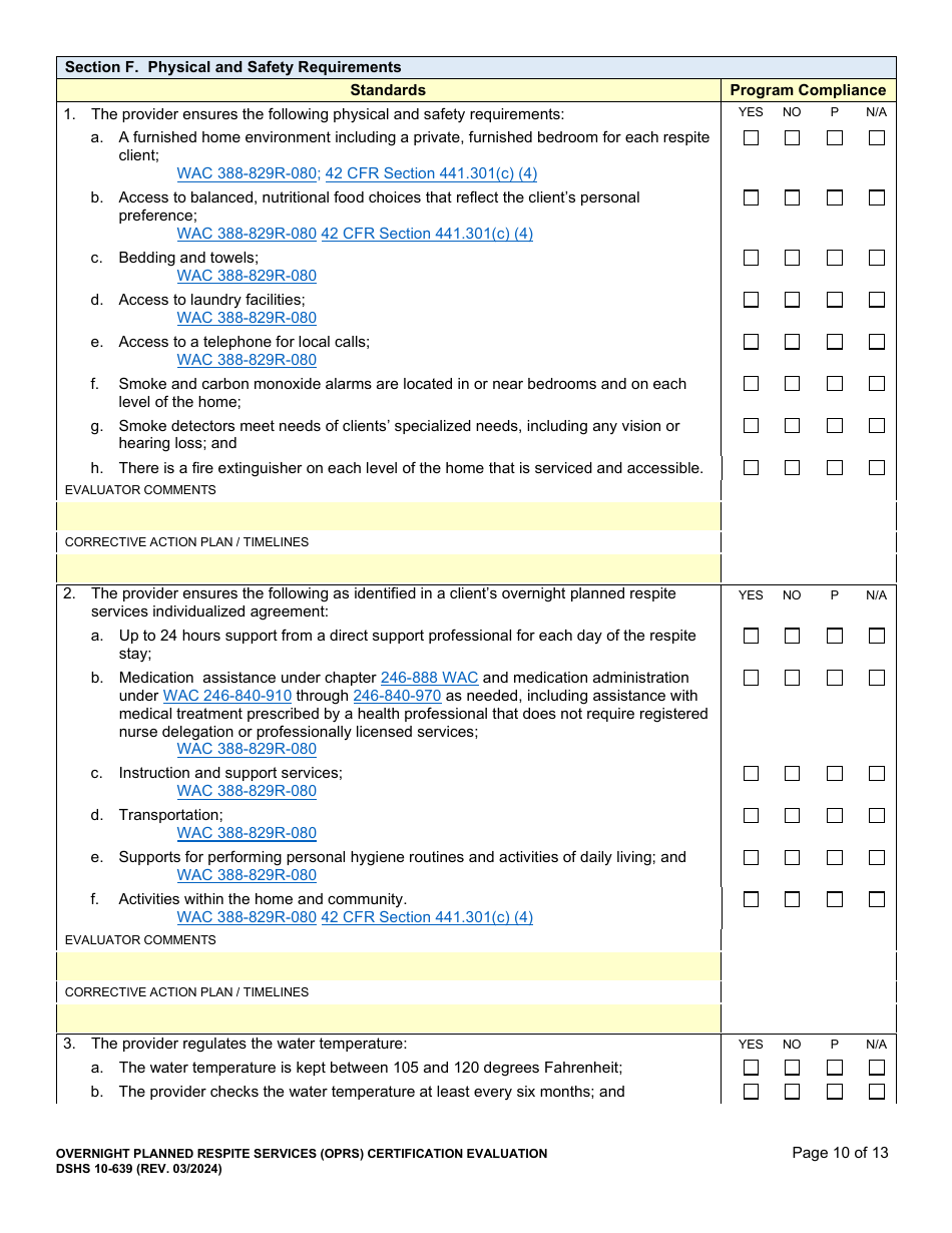 DSHS Form 10-639 Overnight Planned Respite Services (Oprs) Certification Evaluation - Washington, Page 10