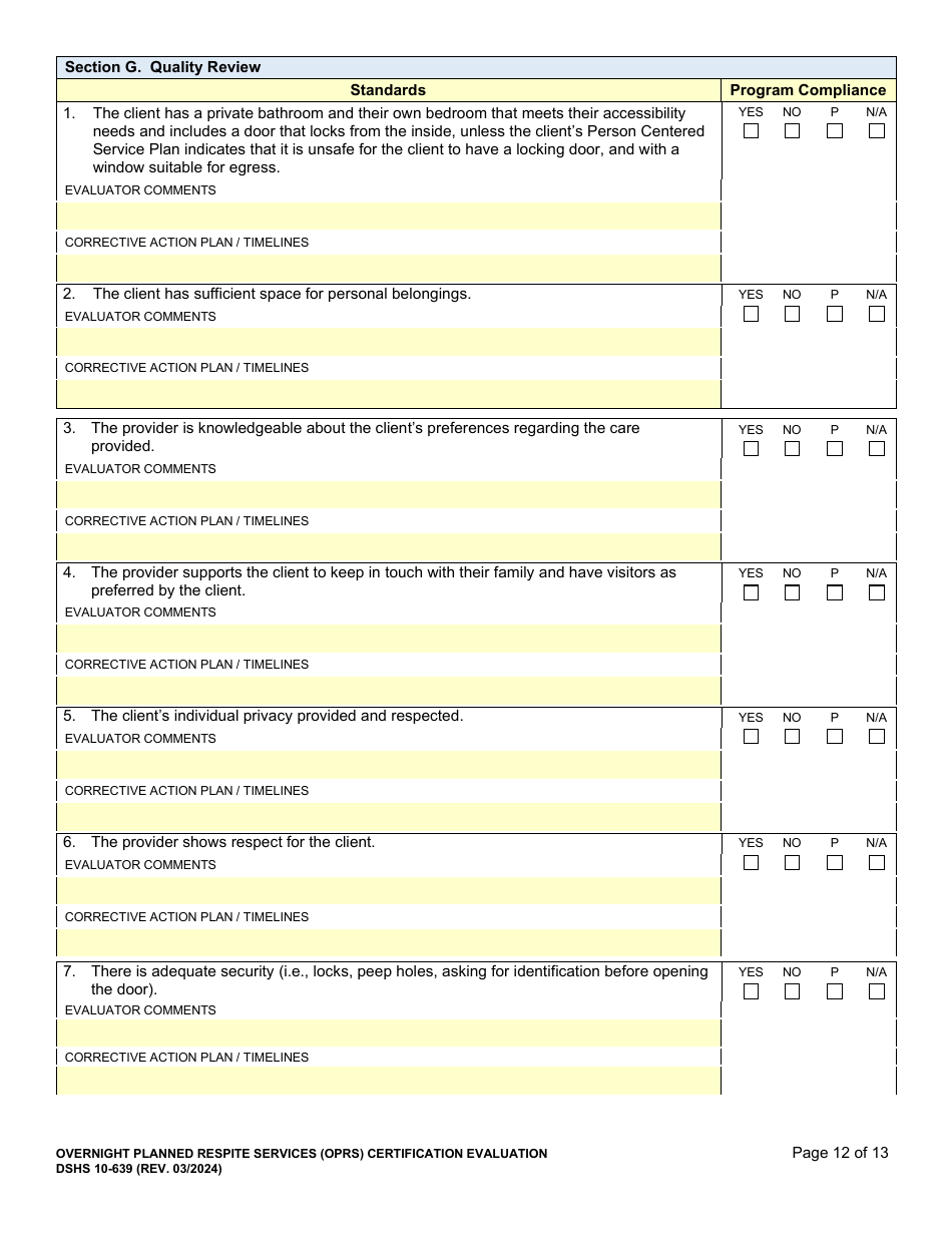 DSHS Form 10-639 Overnight Planned Respite Services (Oprs) Certification Evaluation - Washington, Page 12