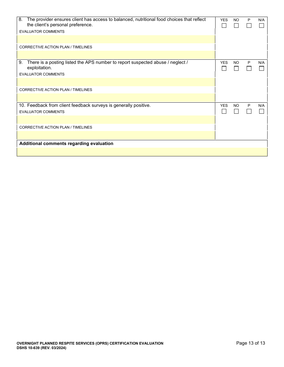DSHS Form 10-639 Overnight Planned Respite Services (Oprs) Certification Evaluation - Washington, Page 13