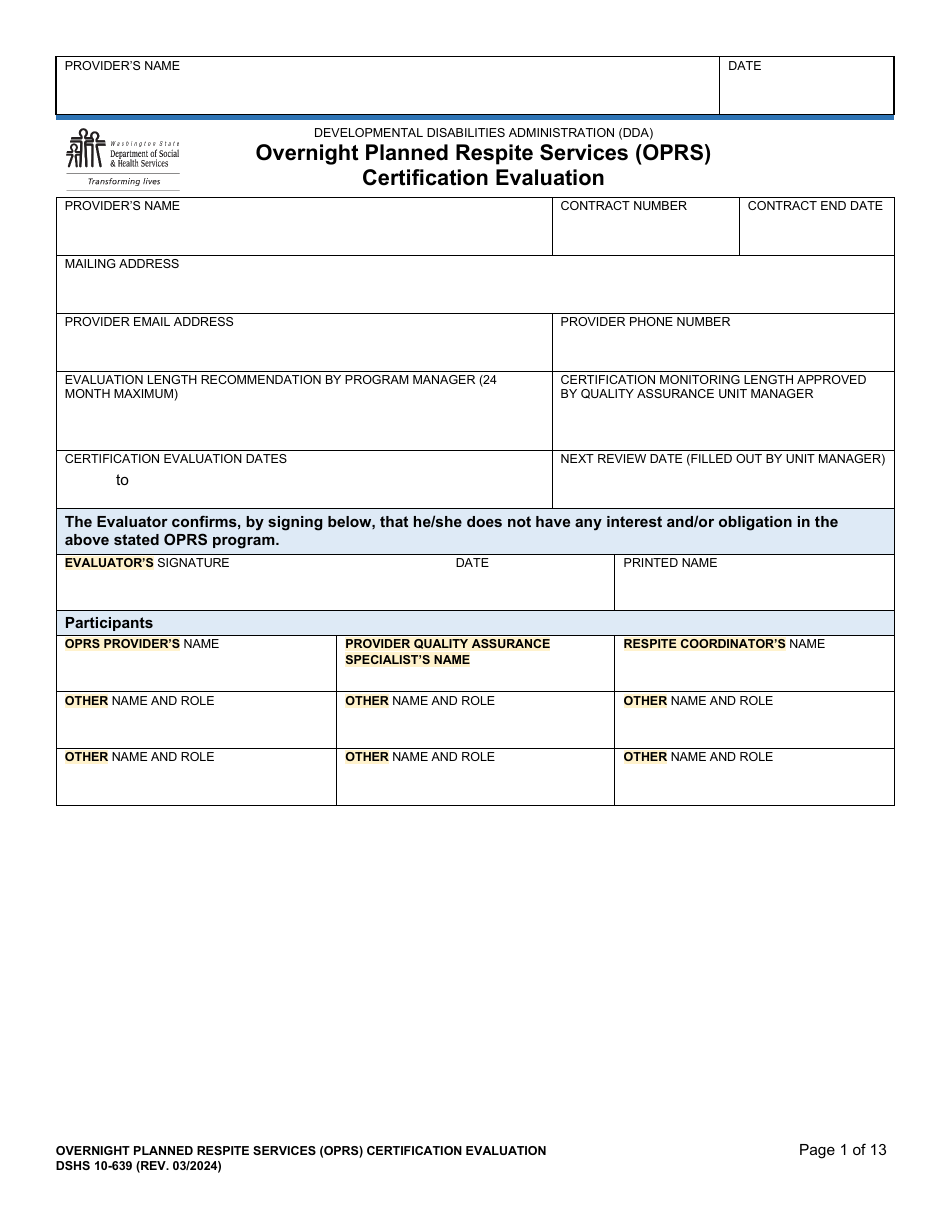 DSHS Form 10-639 Overnight Planned Respite Services (Oprs) Certification Evaluation - Washington, Page 1
