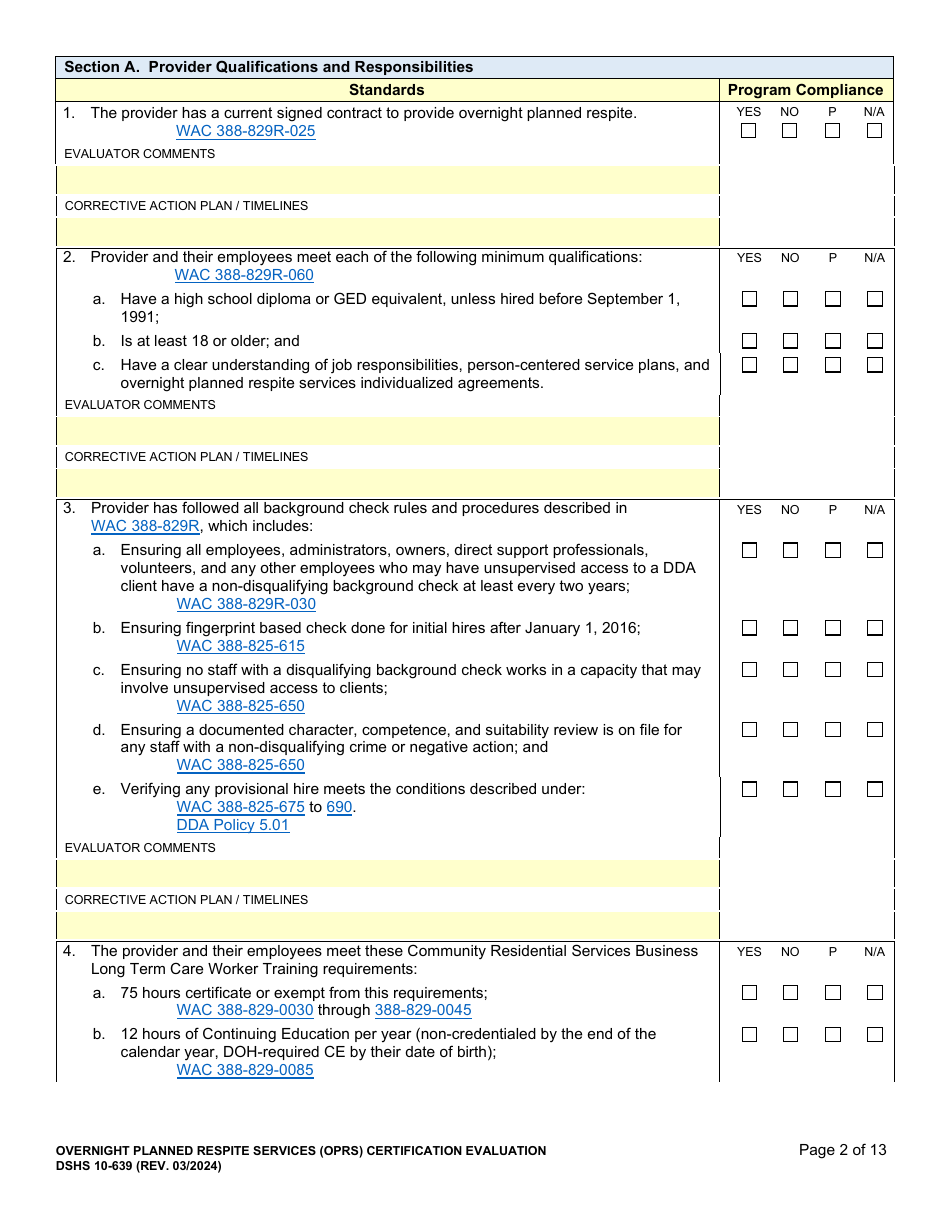 DSHS Form 10-639 Overnight Planned Respite Services (Oprs) Certification Evaluation - Washington, Page 2