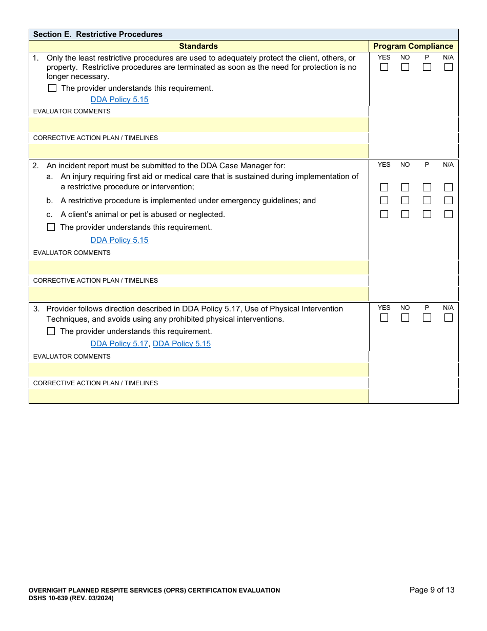 DSHS Form 10-639 Overnight Planned Respite Services (Oprs) Certification Evaluation - Washington, Page 9