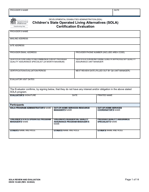DSHS Form 10-649 Children's State Operated Living Alternatives (Sola) Certification Evaluation - Washington
