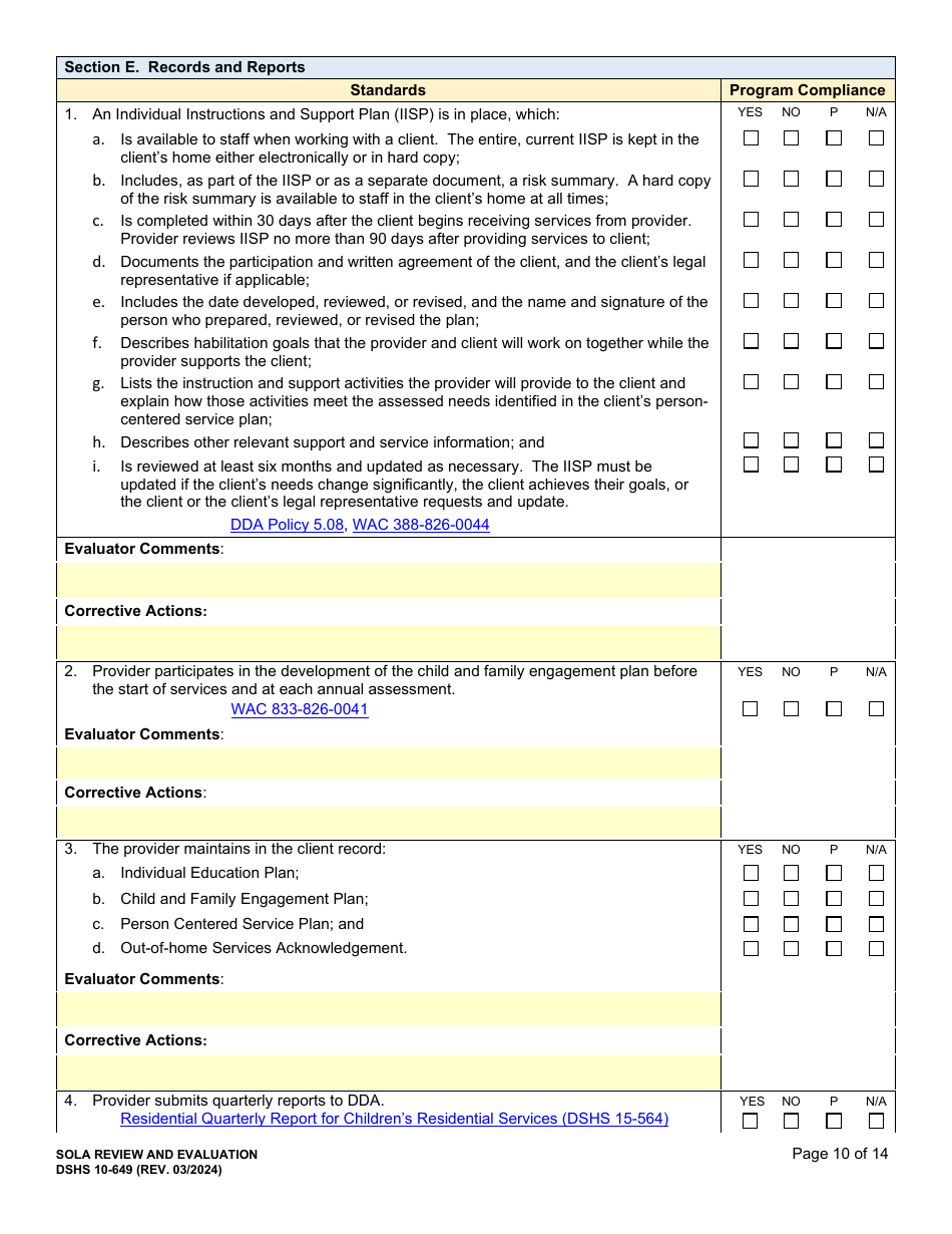 DSHS Form 10-649 Childrens State Operated Living Alternatives (Sola) Certification Evaluation - Washington, Page 10