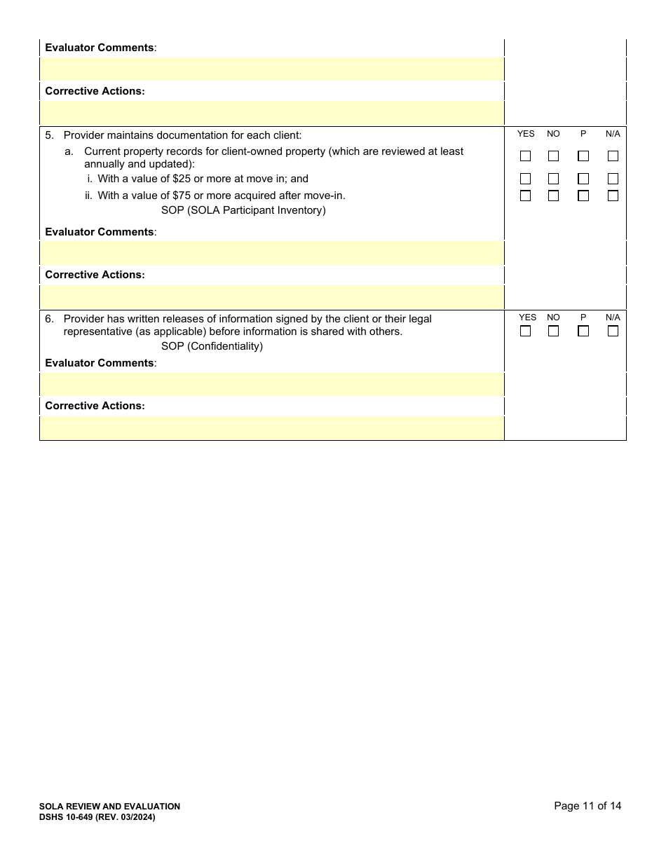 DSHS Form 10-649 Childrens State Operated Living Alternatives (Sola) Certification Evaluation - Washington, Page 11