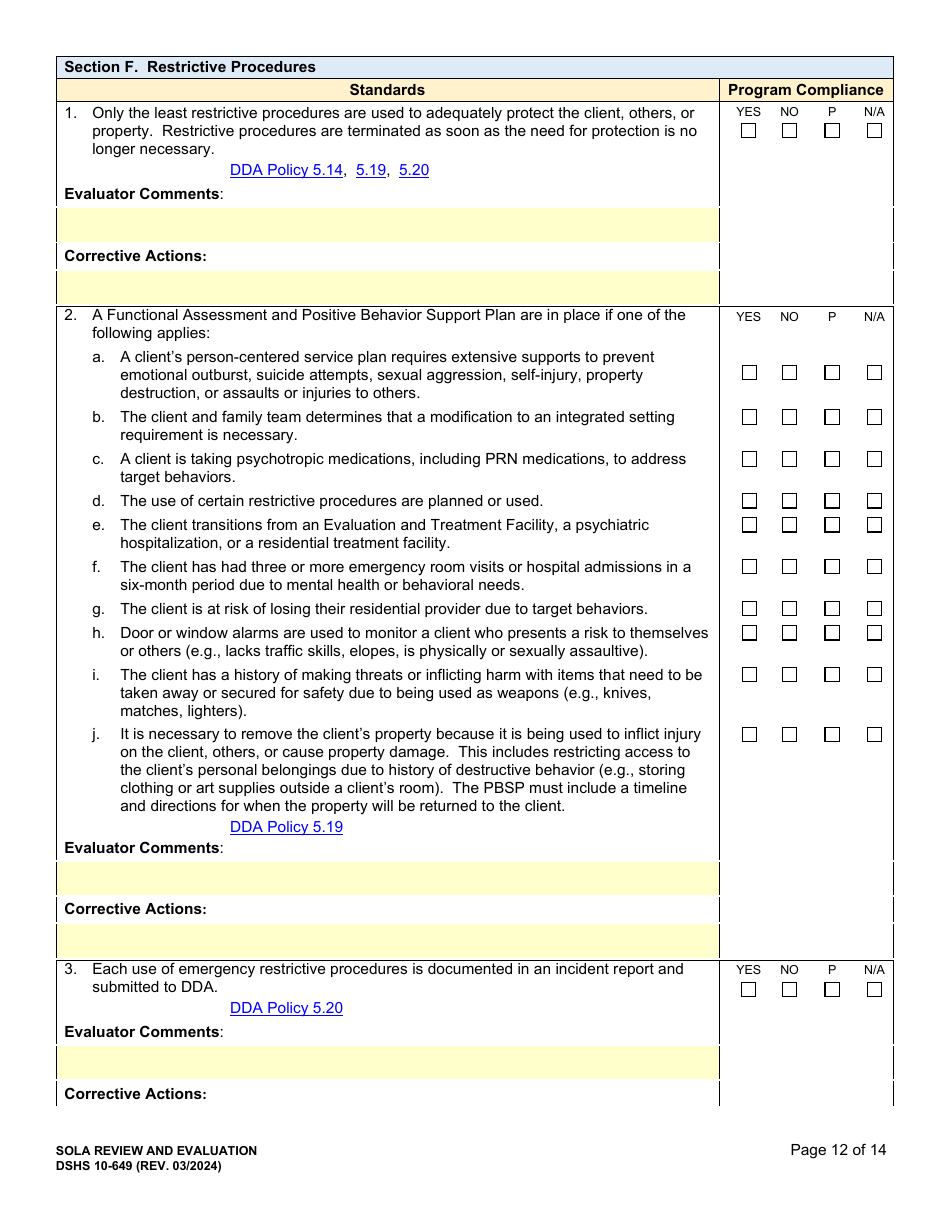 DSHS Form 10-649 Childrens State Operated Living Alternatives (Sola) Certification Evaluation - Washington, Page 12