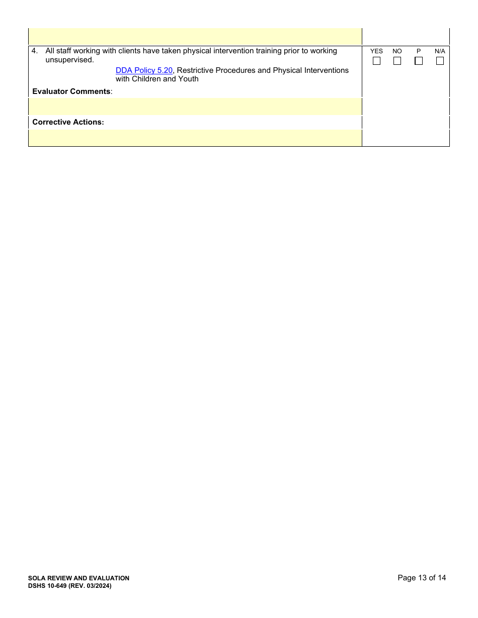 DSHS Form 10-649 Childrens State Operated Living Alternatives (Sola) Certification Evaluation - Washington, Page 13