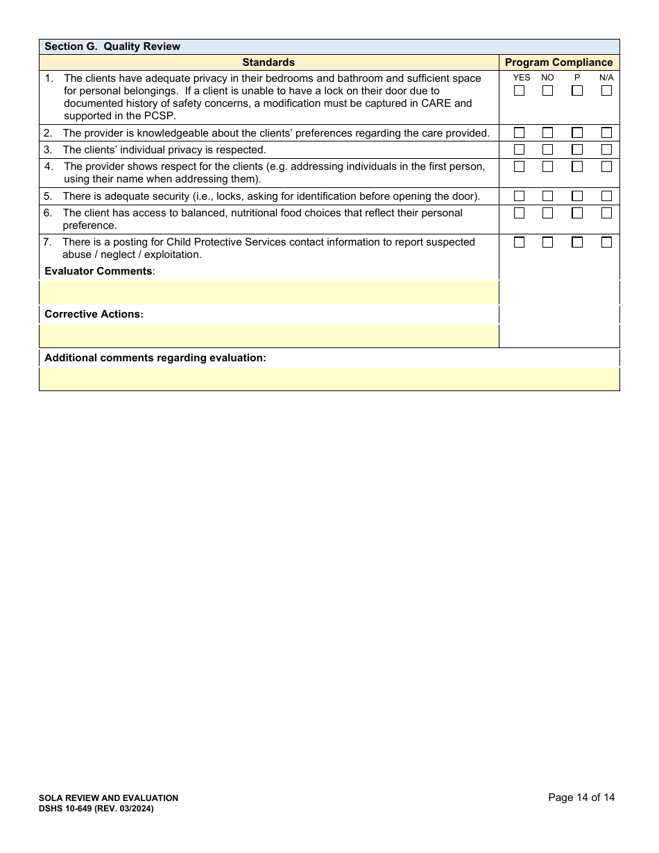 DSHS Form 10-649 Childrens State Operated Living Alternatives (Sola) Certification Evaluation - Washington, Page 14