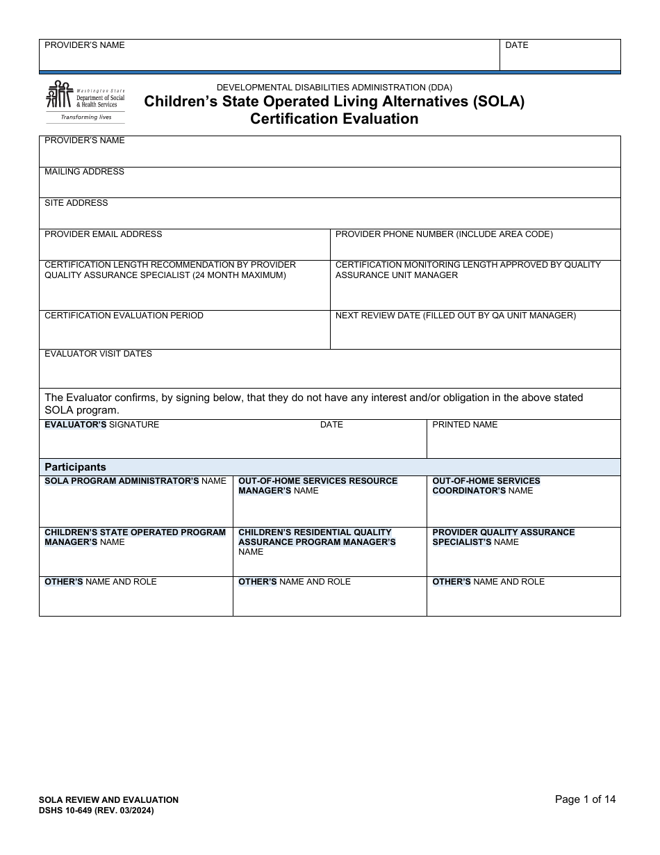 DSHS Form 10-649 Childrens State Operated Living Alternatives (Sola) Certification Evaluation - Washington, Page 1