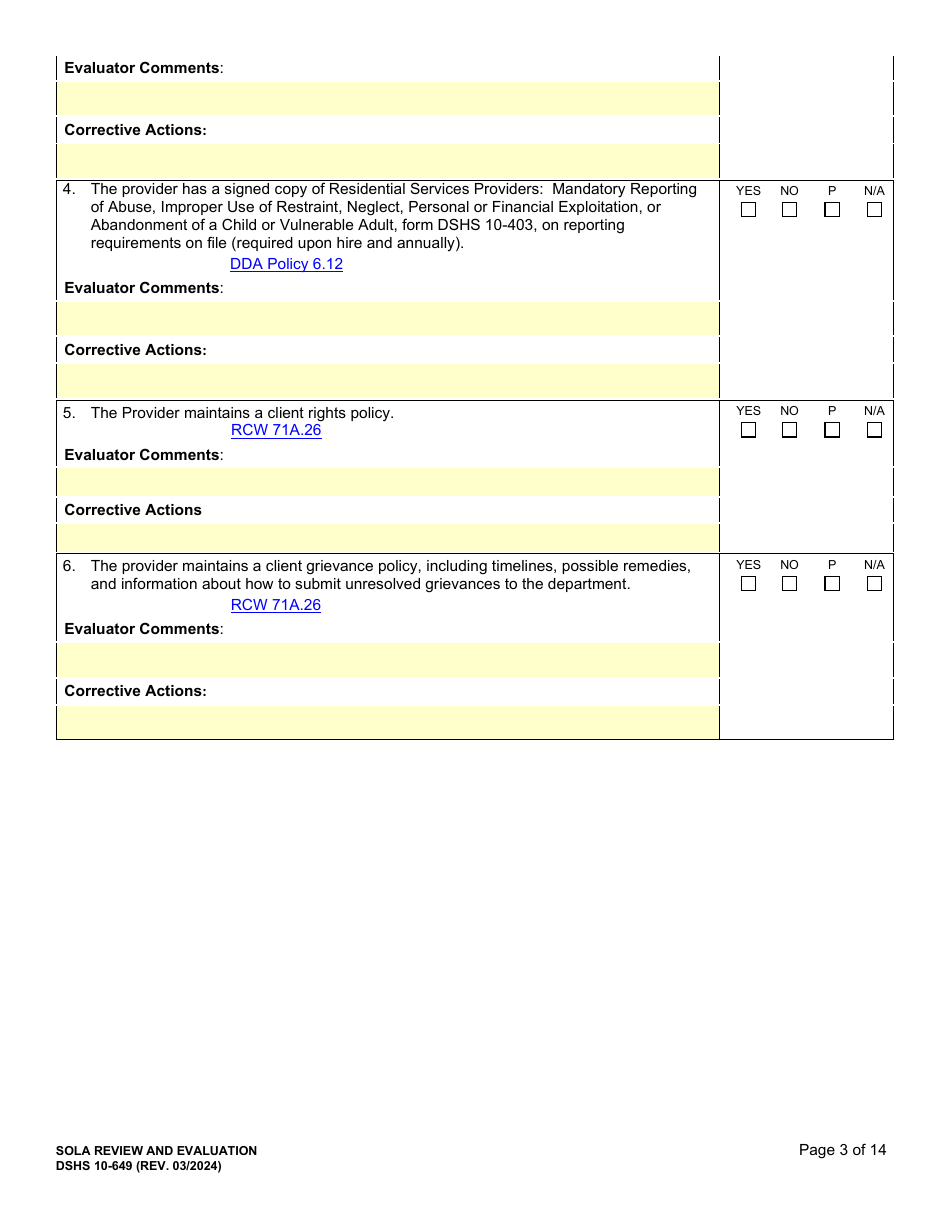 DSHS Form 10-649 Childrens State Operated Living Alternatives (Sola) Certification Evaluation - Washington, Page 3