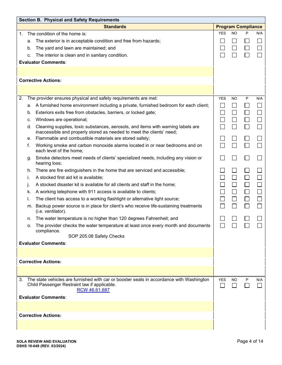 DSHS Form 10-649 Childrens State Operated Living Alternatives (Sola) Certification Evaluation - Washington, Page 4
