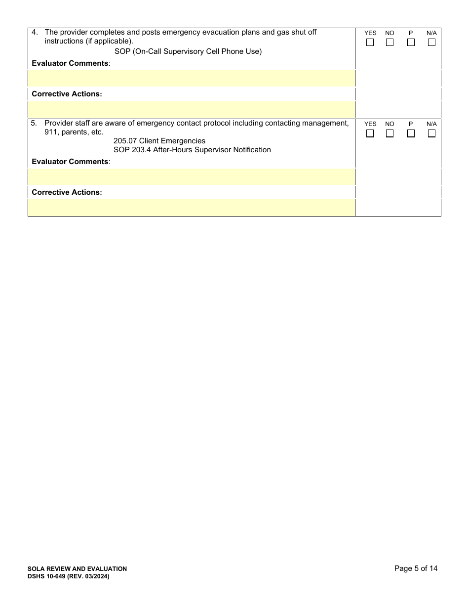 DSHS Form 10-649 Childrens State Operated Living Alternatives (Sola) Certification Evaluation - Washington, Page 5