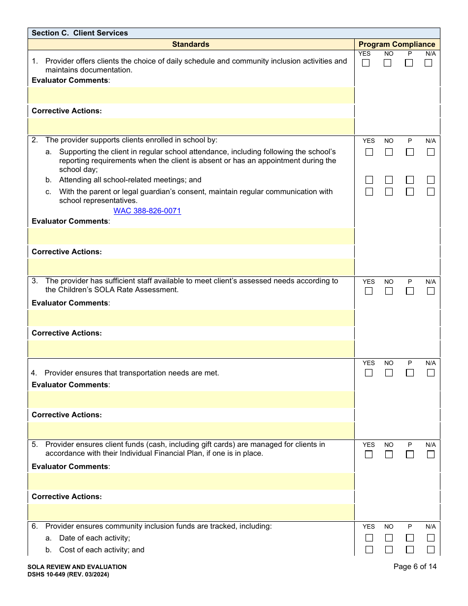 DSHS Form 10-649 Childrens State Operated Living Alternatives (Sola) Certification Evaluation - Washington, Page 6