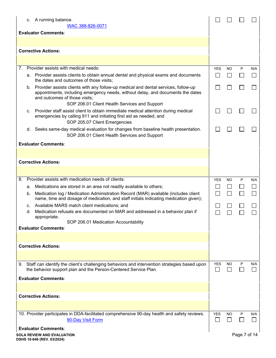 DSHS Form 10-649 Childrens State Operated Living Alternatives (Sola) Certification Evaluation - Washington, Page 7