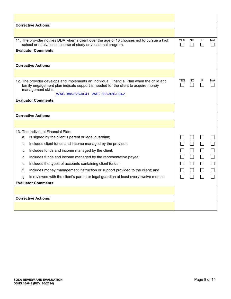 DSHS Form 10-649 Childrens State Operated Living Alternatives (Sola) Certification Evaluation - Washington, Page 8