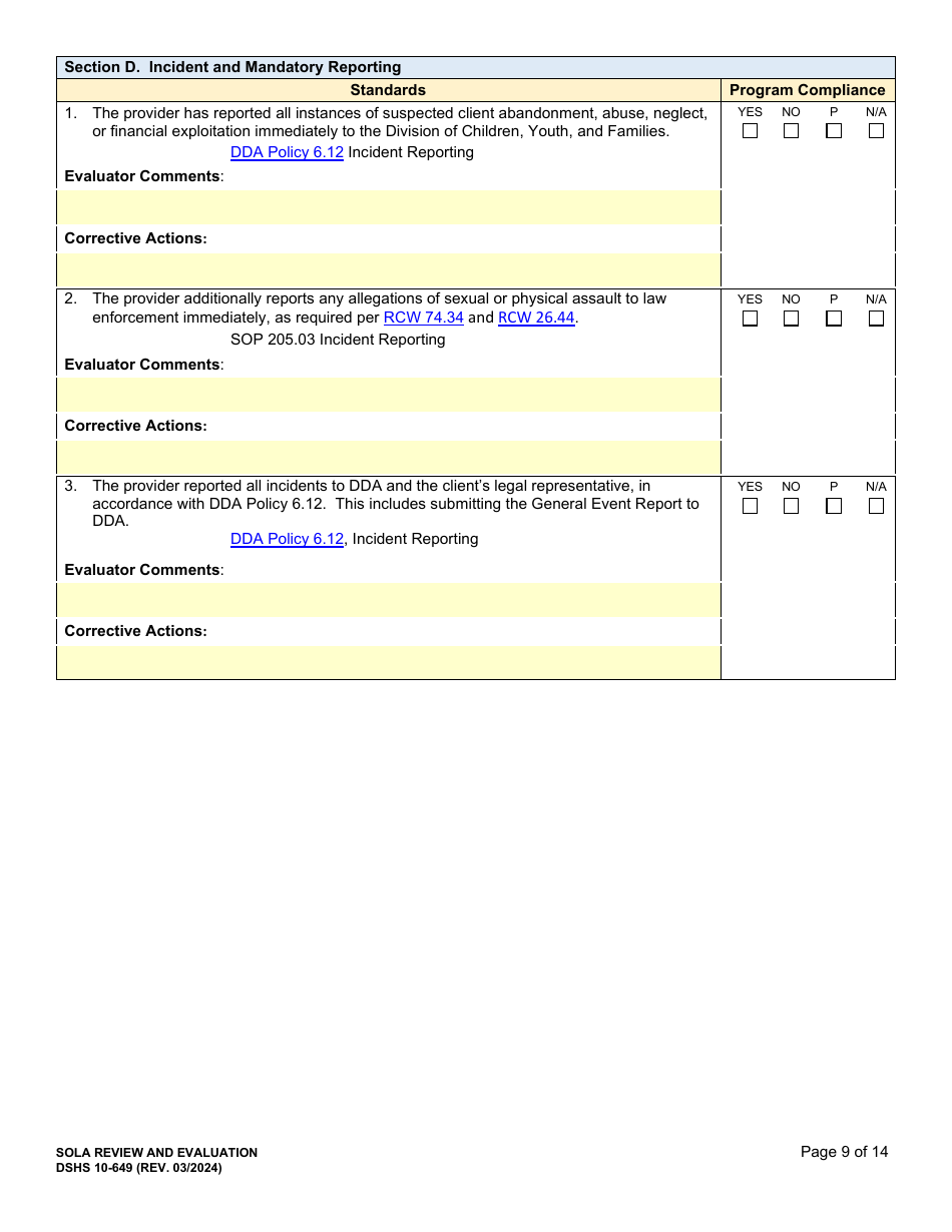 DSHS Form 10-649 Childrens State Operated Living Alternatives (Sola) Certification Evaluation - Washington, Page 9