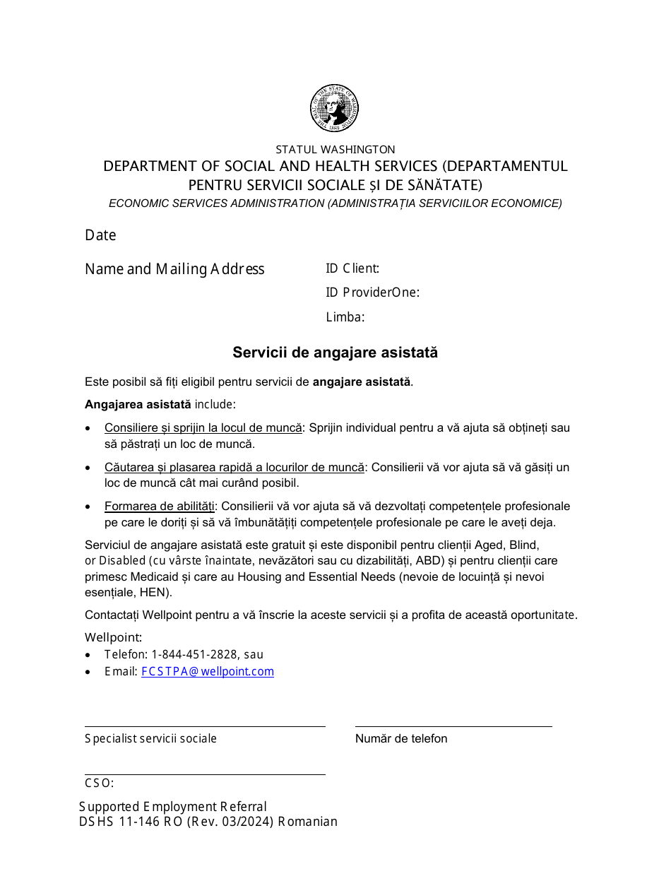 DSHS Form 11-146 Supported Employment Referral - Washington (Romanian), Page 1