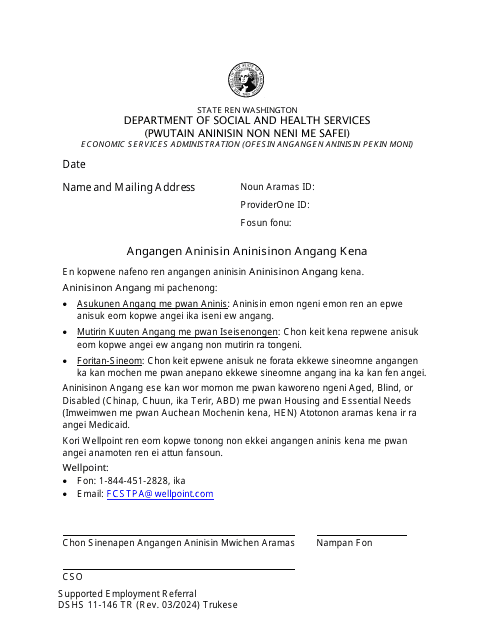 DSHS Form 11-146 Supported Employment Referral - Washington (Trukese)