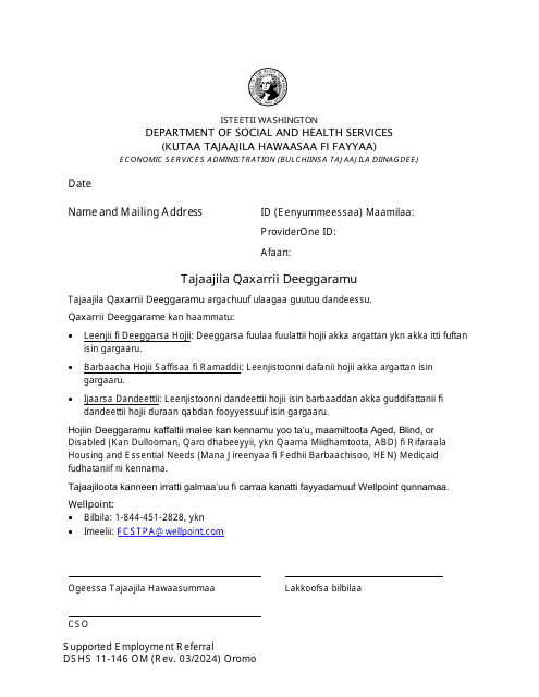 DSHS Form 11-146 Supported Employment Referral - Washington (Oromo)