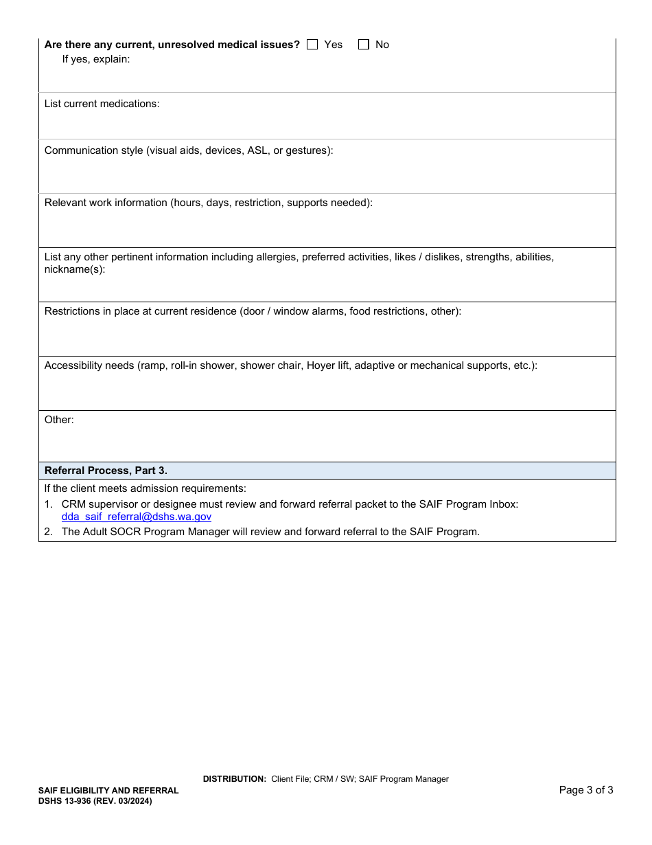 DSHS Form 13-936 Stabilization, Assessment, and Intervention Services Facility (Saif) Eligibility and Referral - Washington, Page 3