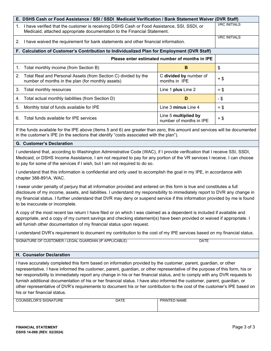 DSHS Form 14-068 Financial Statement - Washington, Page 3