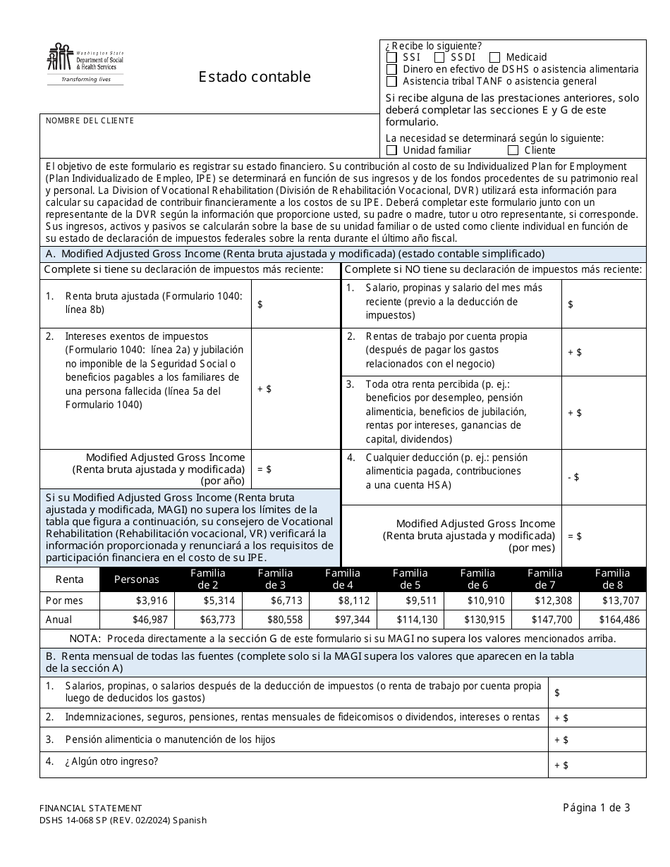 DSHS Form 14-068 Estado Contable - Washington, Page 1