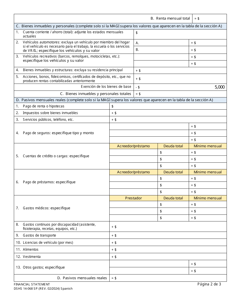 DSHS Form 14-068 Estado Contable - Washington, Page 2