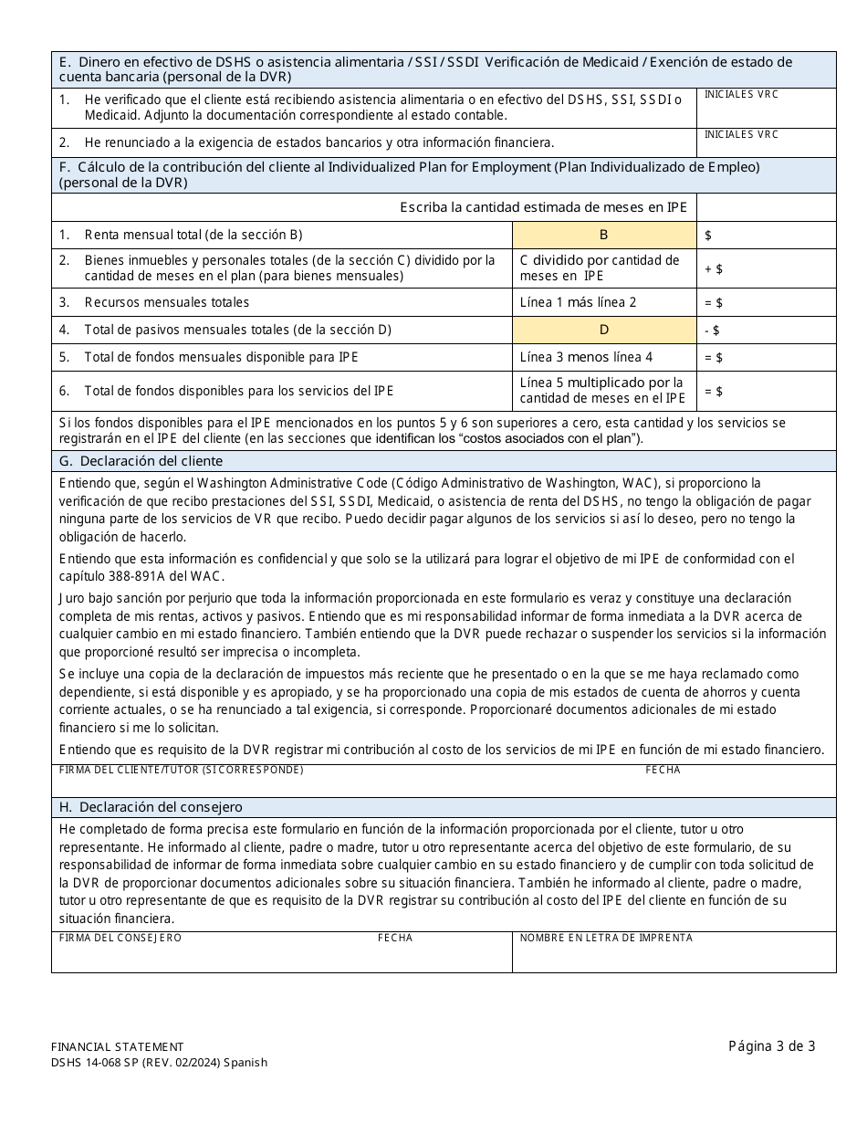 DSHS Form 14-068 Estado Contable - Washington, Page 3