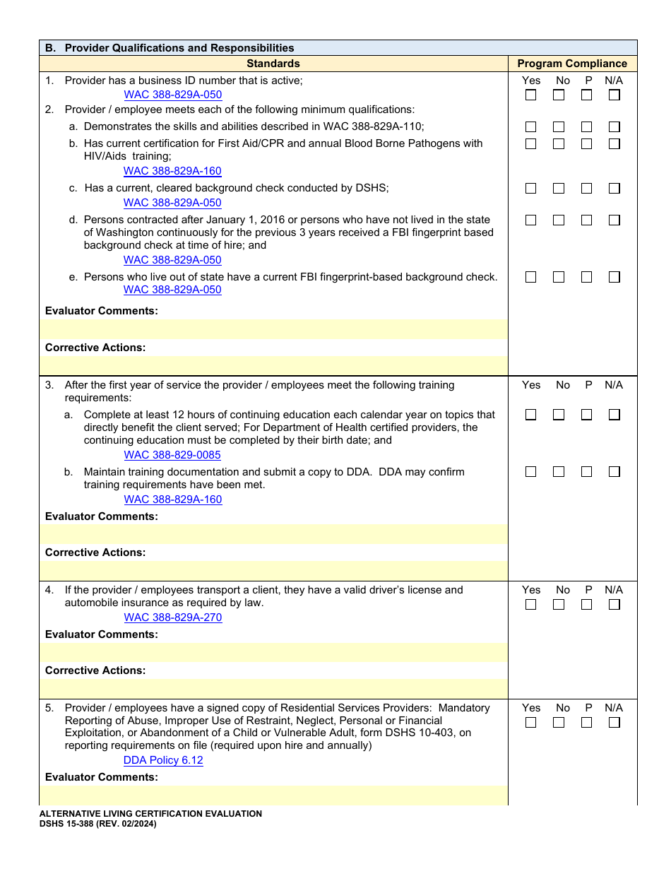 DSHS Form 15-388 Alternative Living Certification Evaluation - Washington, Page 3