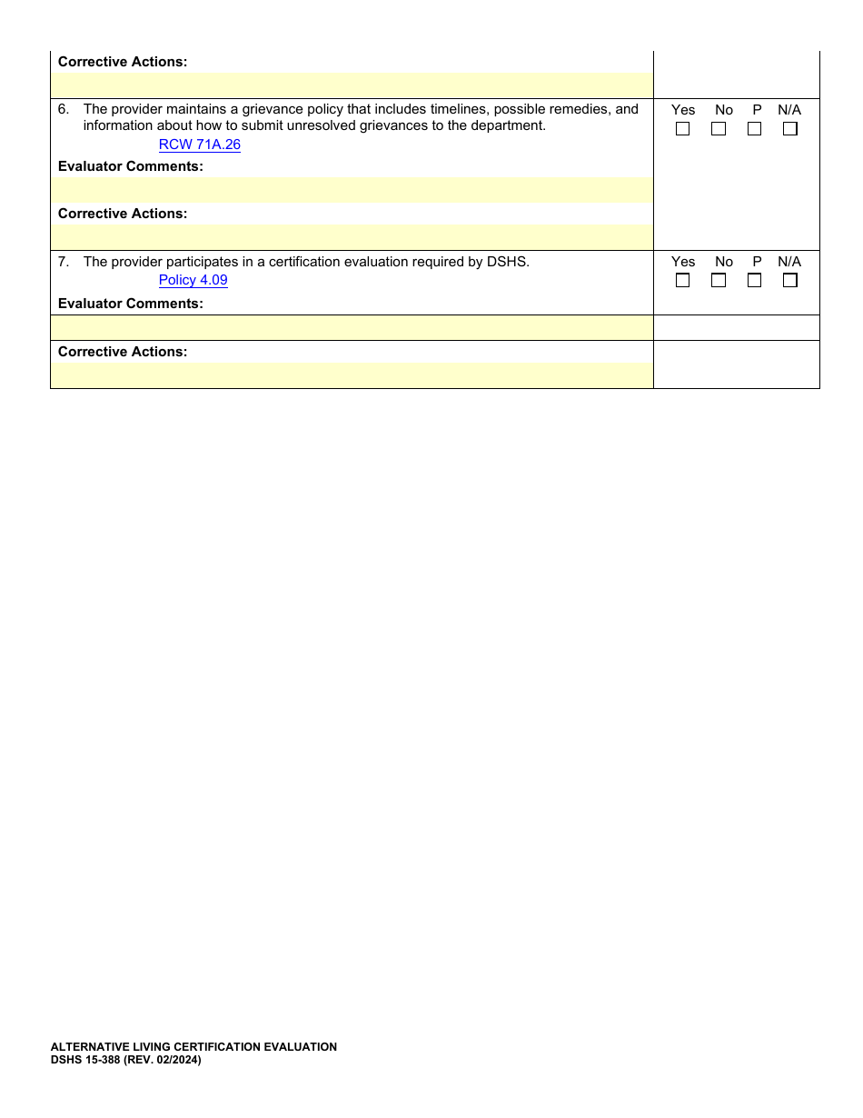 DSHS Form 15-388 Alternative Living Certification Evaluation - Washington, Page 4