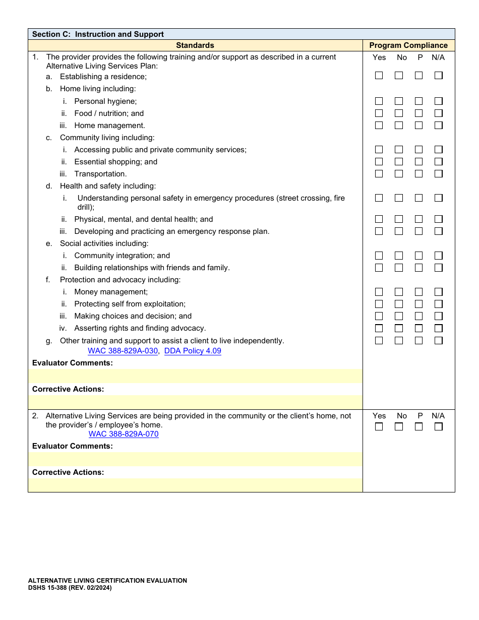 DSHS Form 15-388 Alternative Living Certification Evaluation - Washington, Page 5