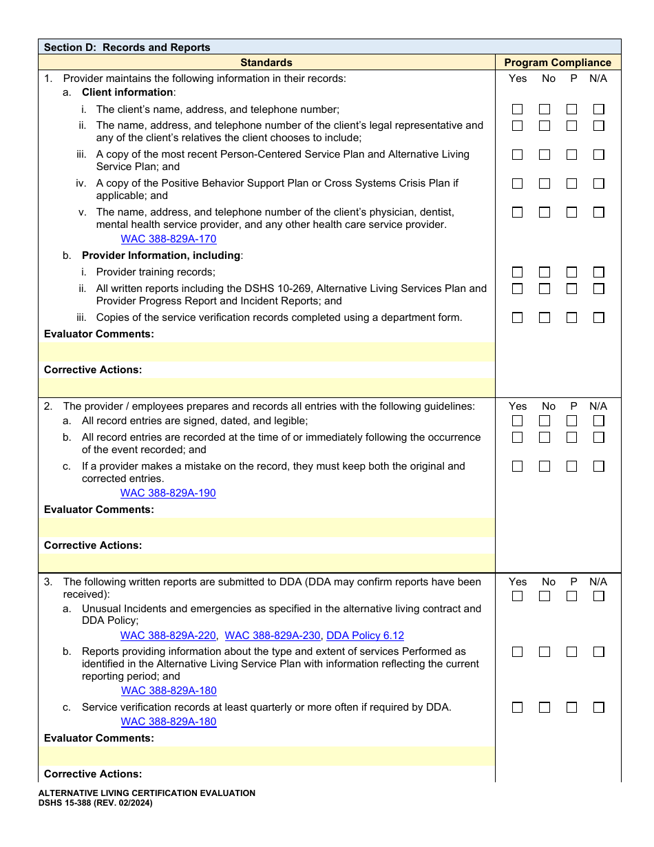 DSHS Form 15-388 Alternative Living Certification Evaluation - Washington, Page 6