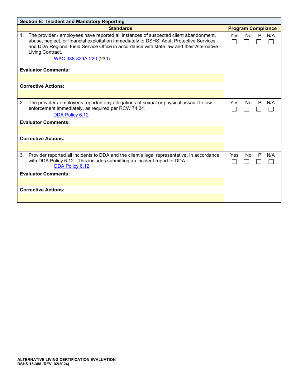 DSHS Form 15-388 Alternative Living Certification Evaluation - Washington, Page 8