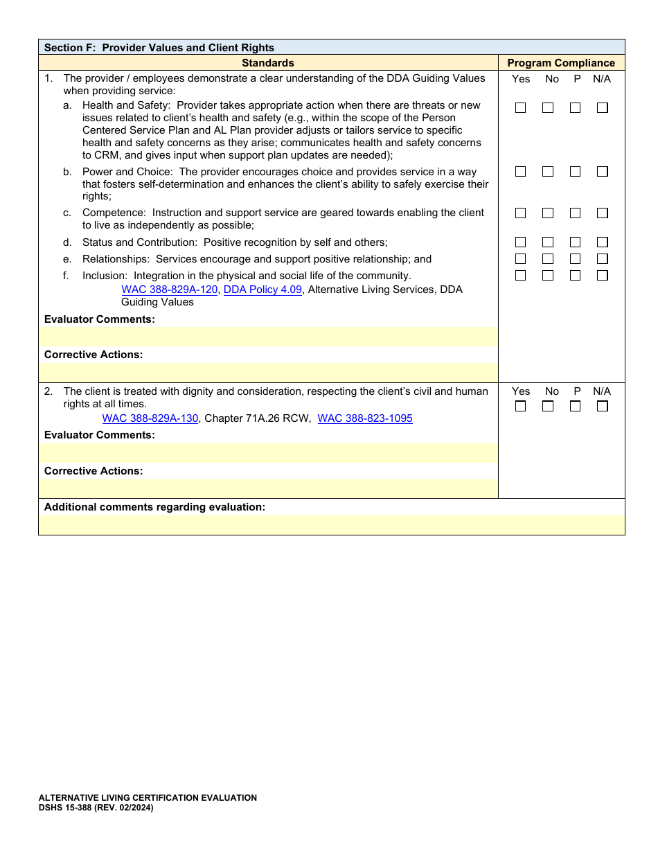 DSHS Form 15-388 Alternative Living Certification Evaluation - Washington, Page 9