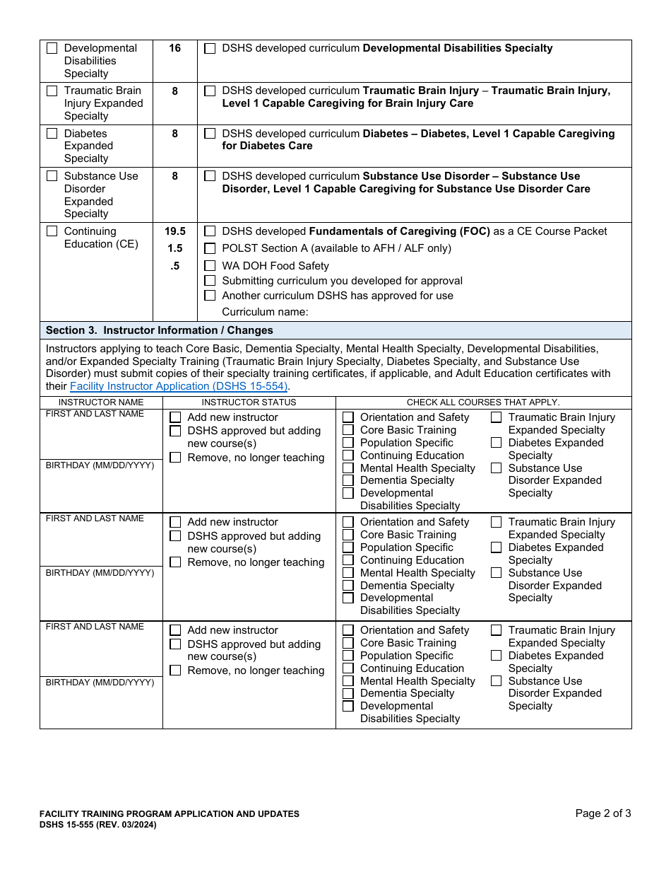 DSHS Form 15-555 Facility Training Program Application and Updates - Washington, Page 2