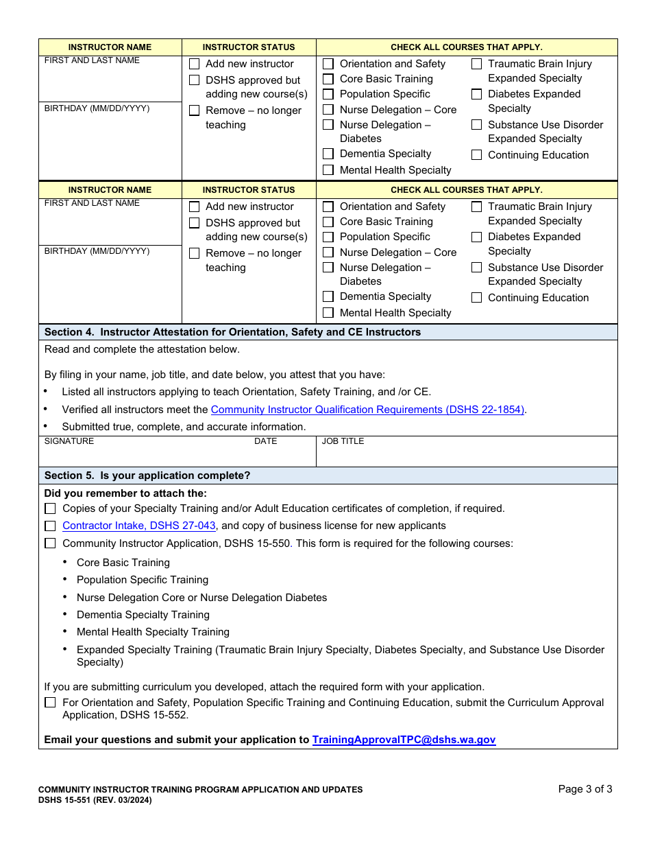 DSHS Form 15-551 Community Instructor Training Program Application and Updates - Washington, Page 3