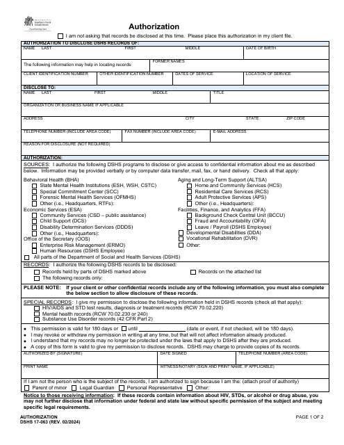 DSHS Form 17-063 Authorization - Washington