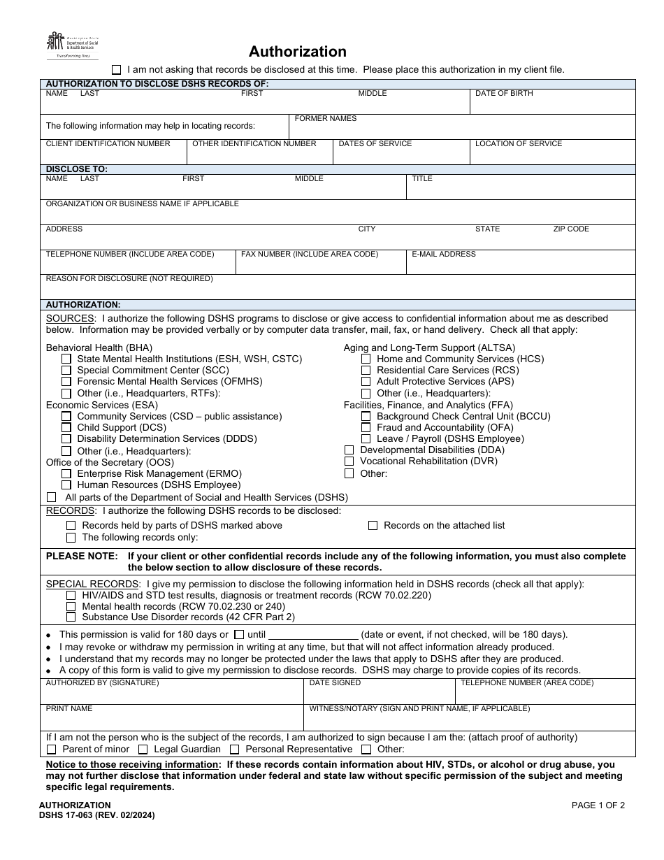 DSHS Form 17-063 Authorization - Washington, Page 1