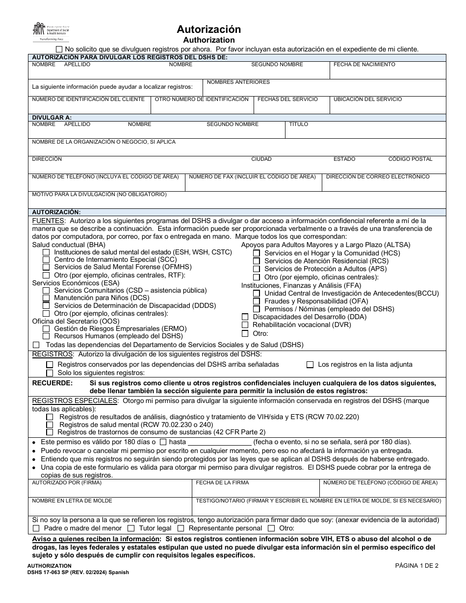 DSHS Formulario 17-063 Autorizacion - Washington (Spanish), Page 1