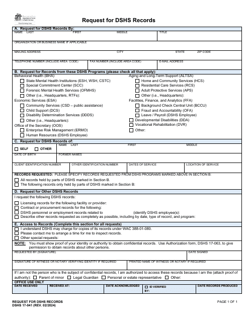 DSHS Form 17-041 Request for Dshs Records - Washington