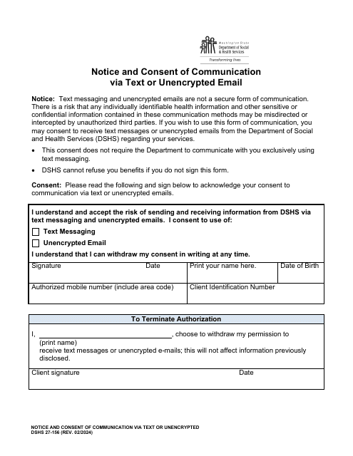 DSHS Form 27-156 Notice and Consent of Communication via Text or Unencrypted Email - Washington