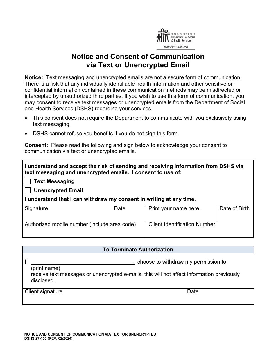 DSHS Form 27-156 Download Printable PDF or Fill Online Notice and ...