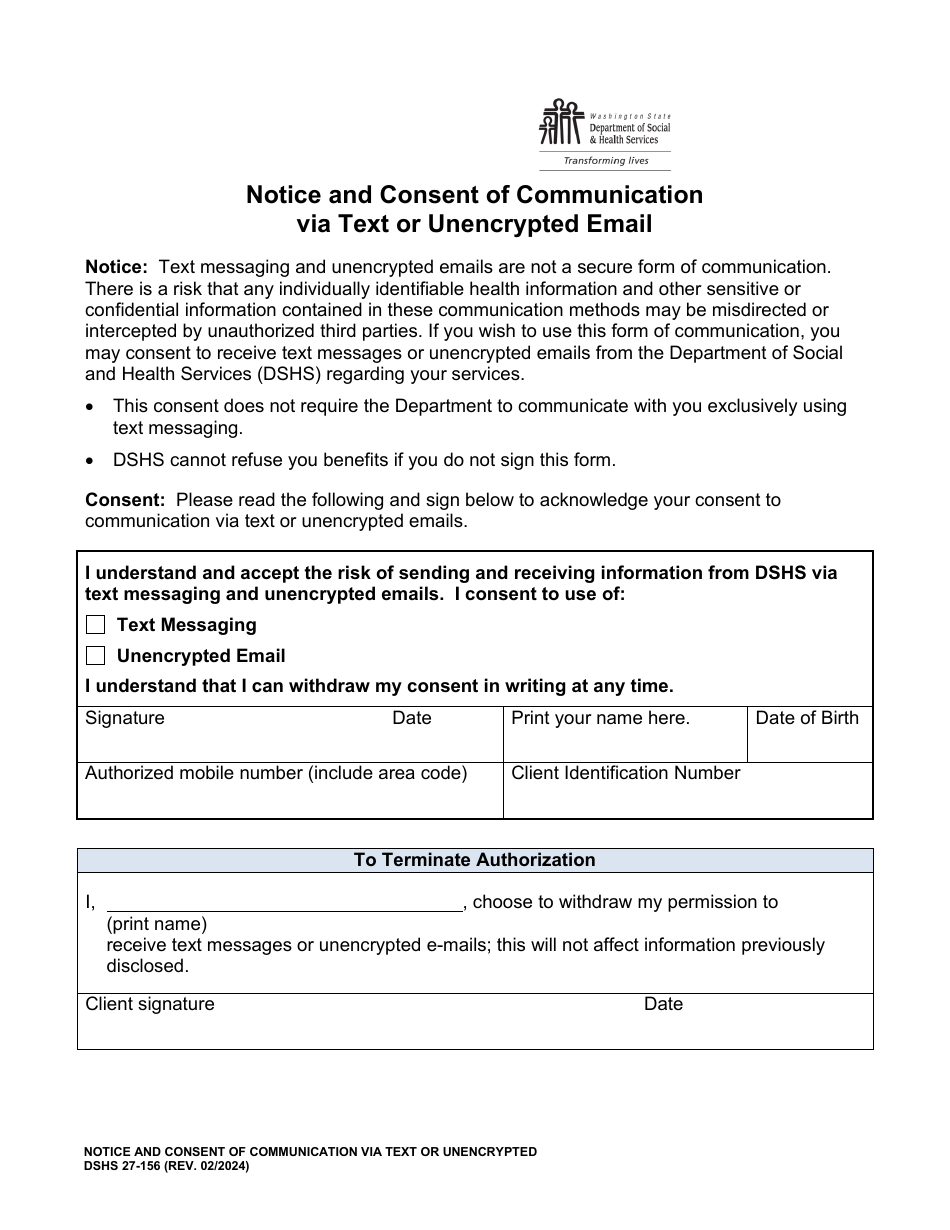 DSHS Form 27-156 Notice and Consent of Communication via Text or Unencrypted Email - Washington, Page 1