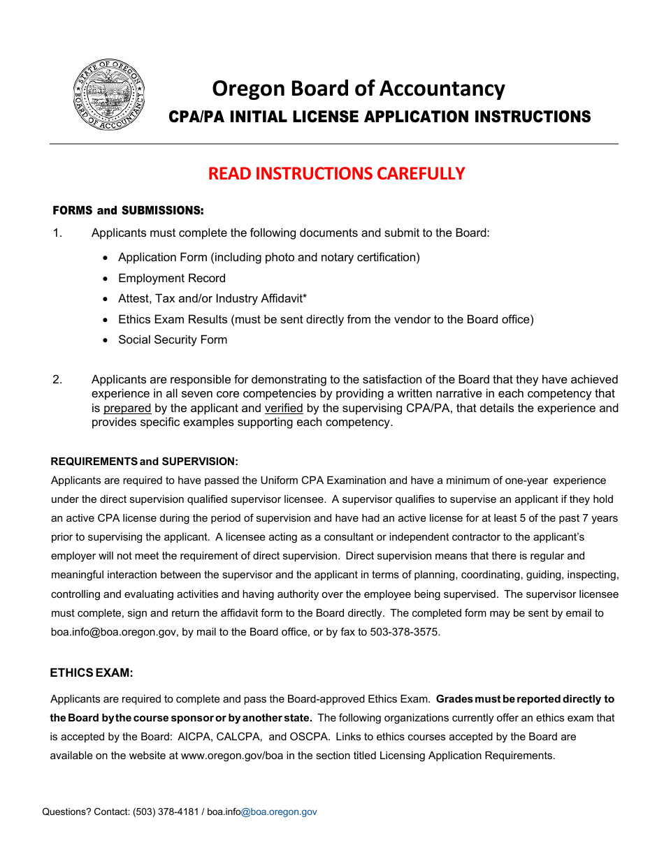 CPA / Pa Initial License Application - Oregon, Page 1