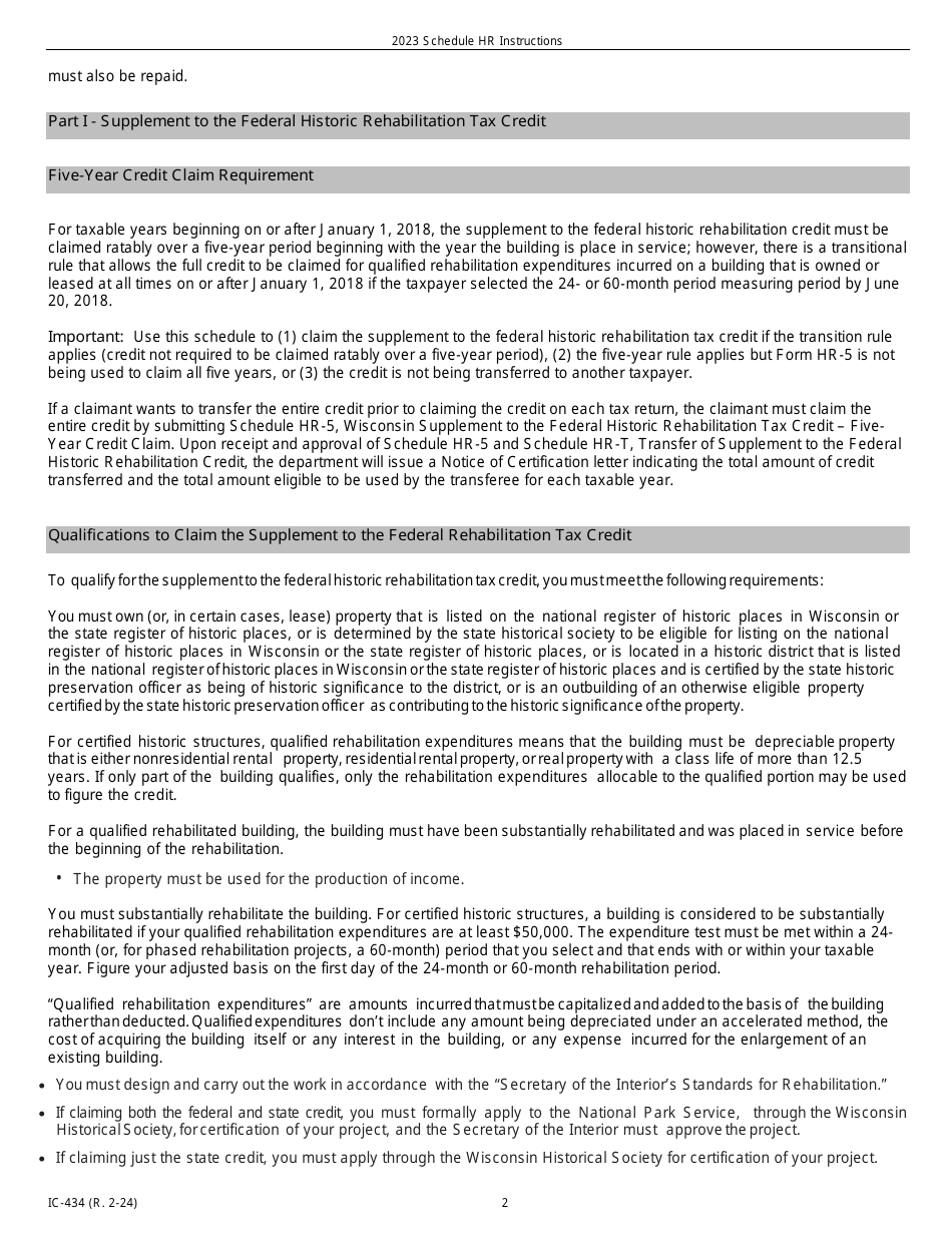 Instructions for Form IC-034 Schedule HR Wisconsin Historic Rehabilitation Credits - Wisconsin, Page 2